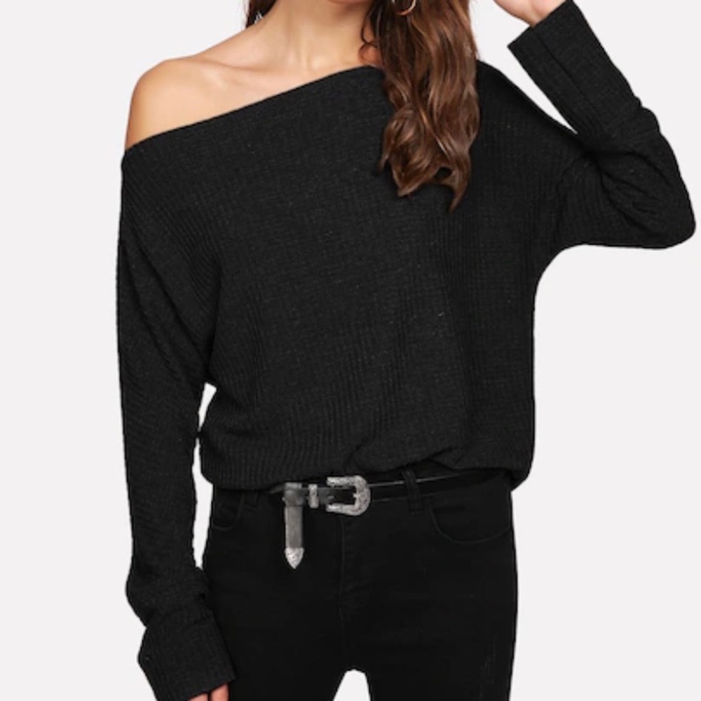 Off Shoulder Black Oblique Dolman Tee